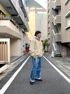 「LOS ANGELES APPAREL（ロサンゼルスアパレル）のアイテム（パーカー）」を使った、koji@しらふ酒場さん（メンズ・166cm）の春コーディネート