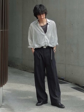 「WYM LIDNM（ウィム バイ リドム）のGENUINE LEATHER PLAIN DERBY SHOES（ドレスシューズ、ブラック系）」を使った、平莉川己夢(コム)さん（メンズ・172cm）の春コーディネート