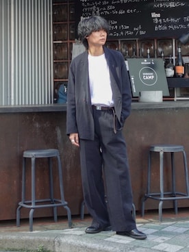 「WYM LIDNM（ウィム バイ リドム）のGENUINE LEATHER PLAIN DERBY SHOES（ドレスシューズ、ブラック系）」を使った、平莉川己夢(コム)さん（メンズ・172cm）の春コーディネート
