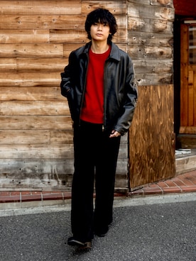 「LIDNM（リドム）のFrench Pilot Leather Jacket（ブルゾン、ブラック系）」を使った、平莉川己夢(コム)さん（メンズ・172cm）の春コーディネート