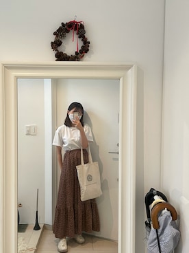 「UNIQLO（ユニクロ）のクロップドクルーネックＴ（半袖）（Tシャツ/カットソー）」を使った、はんみさん（レディース・157cm）の秋コーディネート