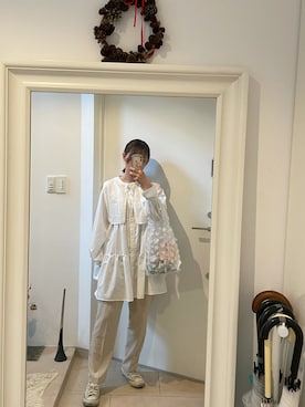 「アイテム（チュニック、ホワイト系）」を使った、みたんさん（レディース・157cm）の夏コーディネート