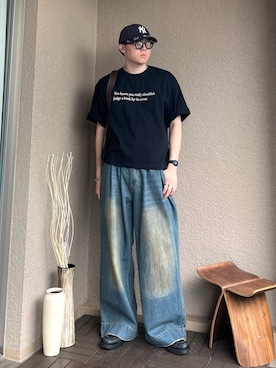 「Regen Glanz（レーゲングランツ）のcropped T-shirt/クロップドTシャツ（Tシャツ/カットソー）」を使った、takumaさん（メンズ・180cm）の夏コーディネート