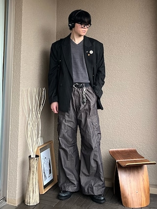 「WYM LIDNM(ウィム バイ リドム)のC/N WASHER CURVED FLARE WIDE CARGO(カーゴパンツ)」を使った、takumaさん(メンズ・180cm)の冬コーディネート