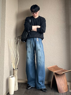 「SINSS（シンス）のBaggy silhouette curve denim / バギーシルエットカーブデニム（デニムパンツ）」を使った、takumaさん（メンズ・180cm）の秋コーディネート