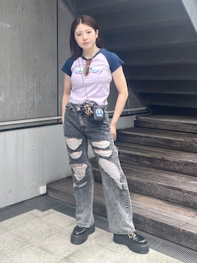 「アイテム（エコバッグ/サブバッグ、パープル系）」を使った、佐藤 舞花さん（レディース・161cm）の夏コーディネート