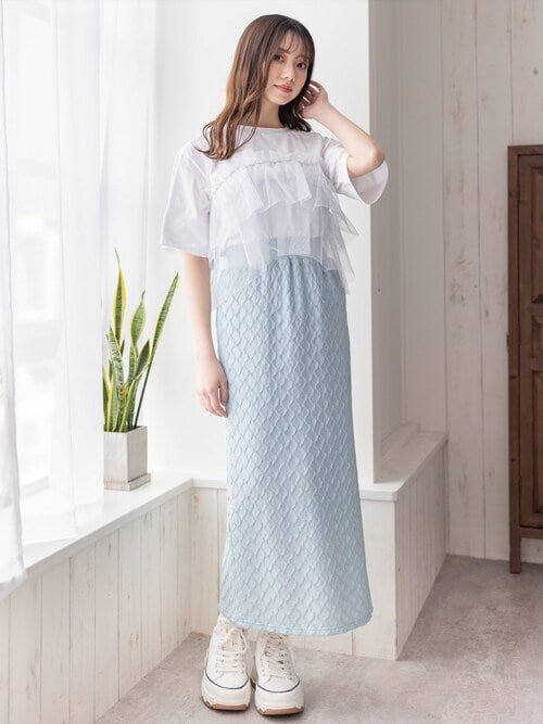 セール】クロップド丈チュールドッキング半袖Tシャツ［ショート