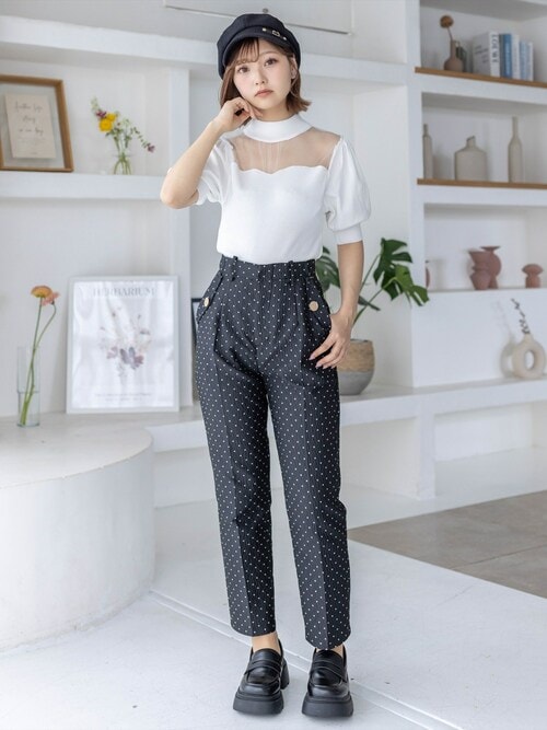 【新品】ソリン シアー&リブミックストップ パフスリーブ チュール 長袖 セール】胸元シアー半袖パフスリーブトップス[大人 フェミニン