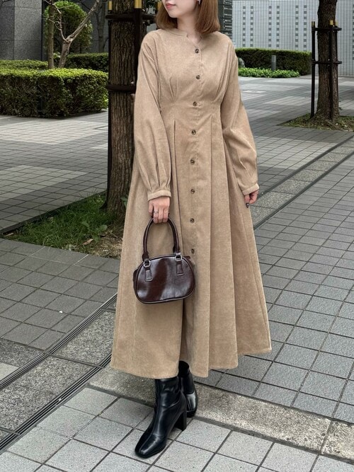 セール】【低身長用サイズ有】細コーデュロイVネック長袖ワンピース