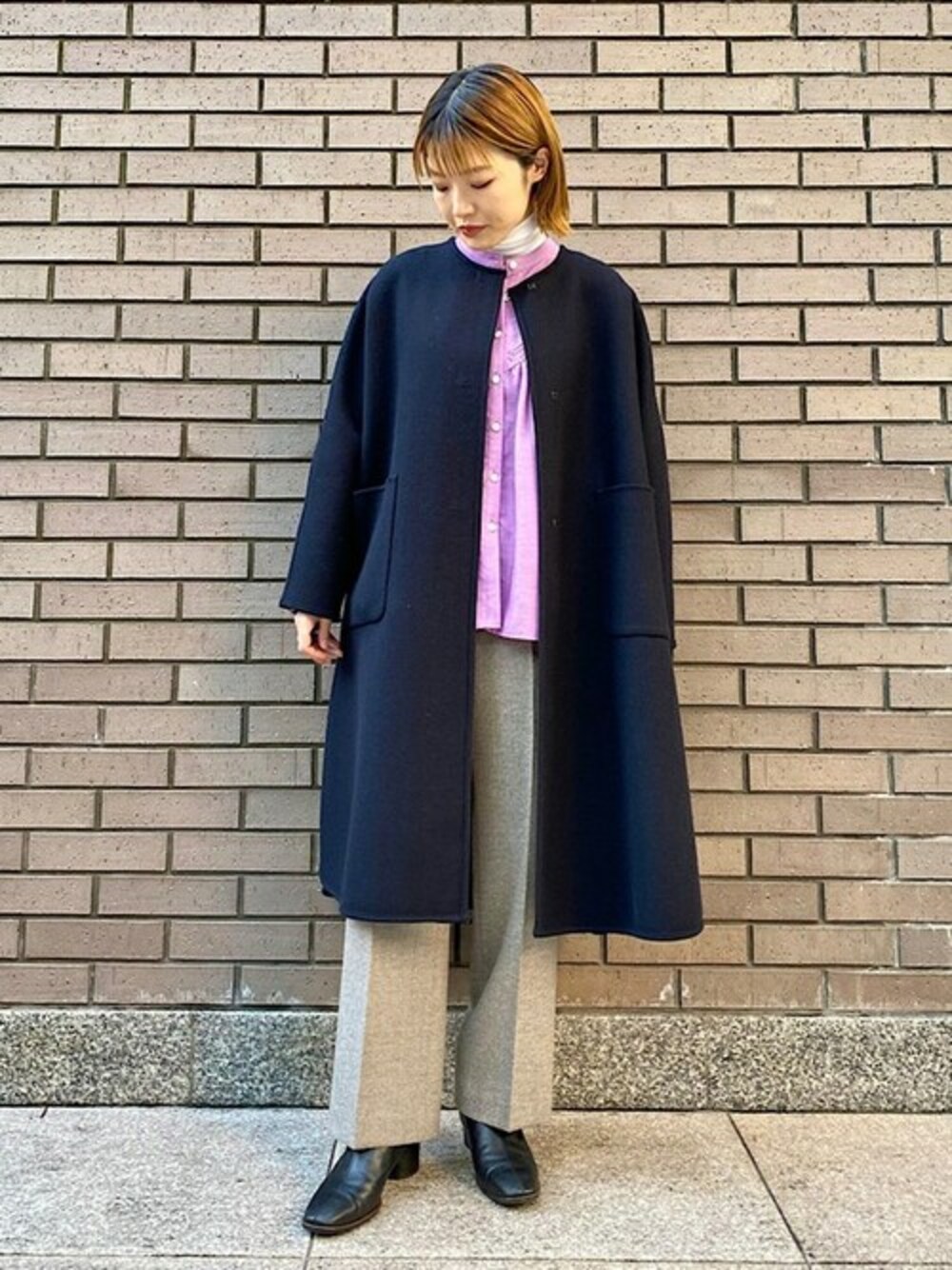 SHIPS Primary Navy Label:ウールダブルフェイスノーカラー