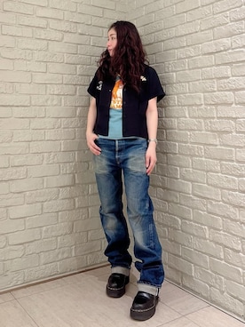 「HYSTERIC GLAMOUR（ヒステリックグラマー）のHRA加工 WW2ストレートデニムパンツ（デニムパンツ、ブルー系）」を使った、SUZUKIさん（レディース・150cm）の春コーディネート