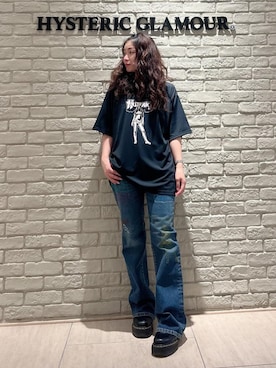「HYSTERIC GLAMOUR（ヒステリックグラマー）のBAD ASS MAMA ポロ衿付きファンクショナルTシャツ（ポロシャツ、ブラック系）」を使った、SUZUKIさん（レディース・150cm）の夏コーディネート