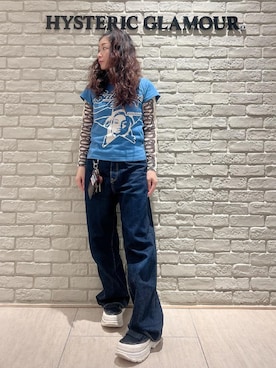 「HYSTERIC GLAMOUR（ヒステリックグラマー）の1タックワイドデニムパンツ（デニムパンツ、ブルー系）」を使った、SUZUKIさん（レディース・150cm）の夏コーディネート