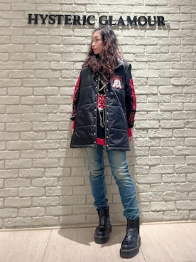 「HYSTERIC GLAMOUR（ヒステリックグラマー）のHYSTERIC84ジャカードメッシュ プルオーバー（ニット/セーター、ブラック系）」を使った、SUZUKIさん（レディース・150cm）の秋コーディネート