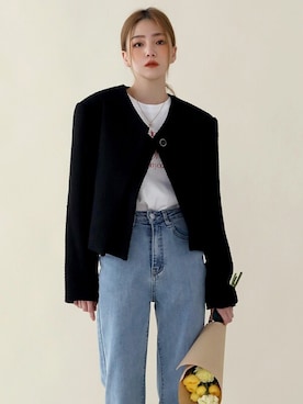 「ノーカラージャケット」｜UNE MANSIONさん（レディース・159cm）の春コーディネート