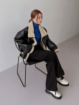「韓国」｜「アイテム（ライダースジャケット）」を使った、UNE MANSIONさん（レディース・159cm）の冬コーディネート