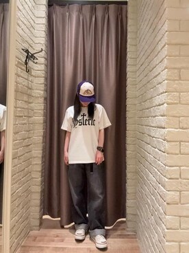 「アイテム（キャップ、パープル系）」を使った、ヵさん（レディース・155cm）の夏コーディネート