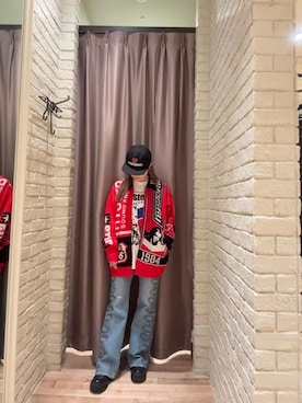 「アイテム（その他アウター、レッド系）」を使った、ヵさん（レディース・155cm）の秋コーディネート