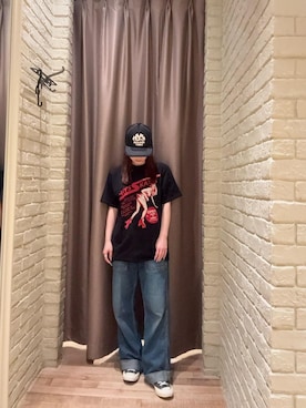 「HYSTERIC GLAMOUR（ヒステリックグラマー）のHYS SKATES Tシャツ（Tシャツ/カットソー、ブラック系）」を使った、ヵさん（レディース・155cm）の春コーディネート