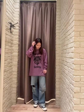 「HYSTERIC GLAMOUR（ヒステリックグラマー）のCAT FEEVER プルオーバー（ニット/セーター、パープル系）」を使った、ヵさん（レディース・155cm）の春コーディネート