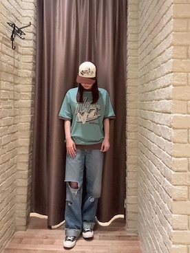 「HYSTERIC GLAMOUR（ヒステリックグラマー）のENJOY ROCK メッシュキャップ（キャップ、ブラウン系）」を使った、ヵさん（レディース・155cm）の春コーディネート