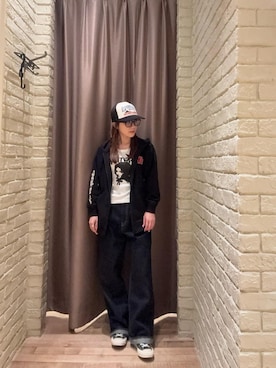 「HYSTERIC GLAMOUR（ヒステリックグラマー）の1タックワイドデニムパンツ（デニムパンツ、ブルー系）」を使った、ヵさん（レディース・155cm）の春コーディネート