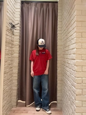 「HYSTERIC GLAMOUR（ヒステリックグラマー）のWAP加工 バギーストレートパンツ（デニムパンツ、ブルー系）」を使った、ヵさん（レディース・155cm）の春コーディネート
