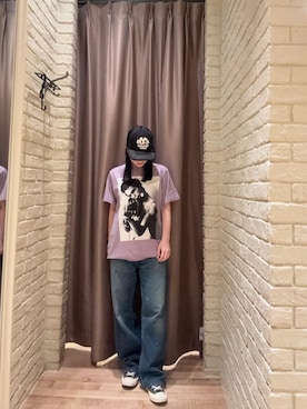 「HYSTERIC GLAMOUR（ヒステリックグラマー）のDENNIS MORRIS/SID STOCKHOLM 1977 Tシャツ（Tシャツ/カットソー、パープル系）」を使った、ヵさん（レディース・155cm）の春コーディネート