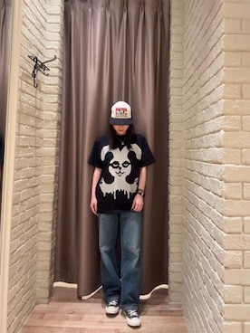 「HYSTERIC GLAMOUR（ヒステリックグラマー）のGUITAR GIRL メッシュキャップ（キャップ、ブラック系）」を使った、ヵさん（レディース・155cm）の春コーディネート