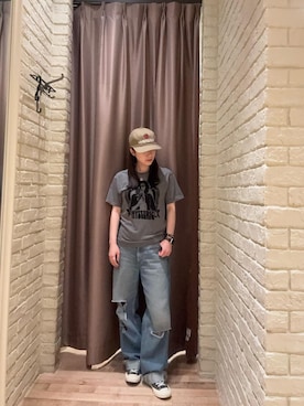 「HYSTERIC GLAMOUR（ヒステリックグラマー）のRESIZE加工 デニムストレートパンツ（デニムパンツ、ブルー系）」を使った、ヵさん（レディース・155cm）の夏コーディネート