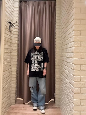 「HYSTERIC GLAMOUR（ヒステリックグラマー）のHYSTERIC BOX メッシュキャップ（キャップ、ブラック系）」を使った、ヵさん（レディース・155cm）の夏コーディネート