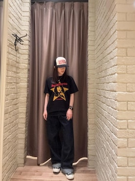 「HYSTERIC GLAMOUR（ヒステリックグラマー）の1タックワイドデニムパンツ（デニムパンツ、ブルー系）」を使った、ヵさん（レディース・155cm）の夏コーディネート