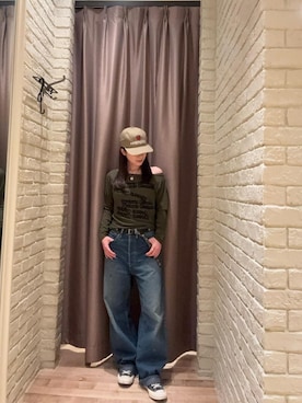 「HYSTERIC GLAMOUR（ヒステリックグラマー）のWAP加工 バギーストレートパンツ（デニムパンツ、ブルー系）」を使った、ヵさん（レディース・155cm）の夏コーディネート