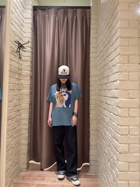 「HYSTERIC GLAMOUR（ヒステリックグラマー）の1タックワイドデニムパンツ（デニムパンツ、ブルー系）」を使った、ヵさん（レディース・155cm）の夏コーディネート