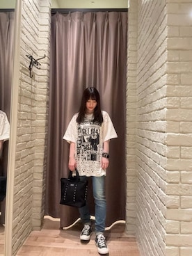 「HYSTERIC GLAMOUR（ヒステリックグラマー）のSTUDS CANVAS クロスボディーバッグ（ショルダーバッグ、ブラック系）」を使った、ヵさん（レディース・155cm）の夏コーディネート