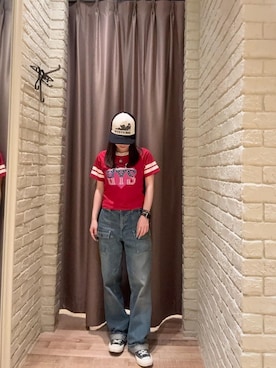 「HYSTERIC GLAMOUR（ヒステリックグラマー）のPLAY IT COOL Tシャツ（Tシャツ/カットソー、レッド系）」を使った、ヵさん（レディース・155cm）の夏コーディネート