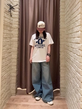 「HYSTERIC GLAMOUR（ヒステリックグラマー）のデニムワイドパンツ（デニムパンツ、ブルー系）」を使った、ヵさん（レディース・155cm）の夏コーディネート