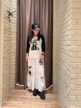 「HYSTERIC GLAMOUR（ヒステリックグラマー）のHYSTERIC WOMAN CAT 七分袖Tシャツ（Tシャツ/カットソー、ホワイト系）」を使った、ヵさん（レディース・155cm）の夏コーディネート