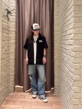 「HYSTERIC GLAMOUR（ヒステリックグラマー）のWHISKY WOMAN シャツ（シャツ/ブラウス、ブラック系）」を使った、ヵさん（レディース・155cm）の夏コーディネート