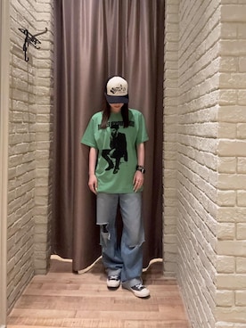 「HYSTERIC GLAMOUR（ヒステリックグラマー）のRESIZE加工 デニムストレートパンツ（デニムパンツ、ブルー系）」を使った、ヵさん（レディース・155cm）の夏コーディネート