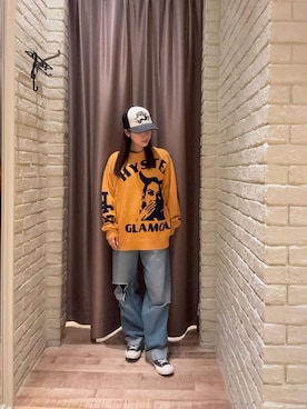 「HYSTERIC GLAMOUR（ヒステリックグラマー）のRESIZE加工 デニムストレートパンツ（デニムパンツ、ブルー系）」を使った、ヵさん（レディース・155cm）の夏コーディネート