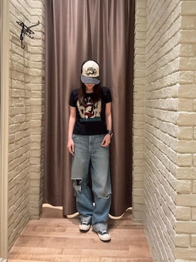 「HYSTERIC GLAMOUR（ヒステリックグラマー）のRESIZE加工 デニムストレートパンツ（デニムパンツ、ブルー系）」を使った、ヵさん（レディース・155cm）の夏コーディネート