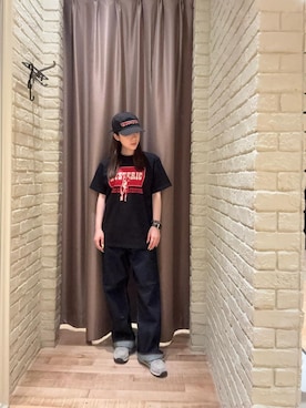 「HYSTERIC GLAMOUR（ヒステリックグラマー）の1タックワイドデニムパンツ（デニムパンツ、ブルー系）」を使った、ヵさん（レディース・155cm）の夏コーディネート
