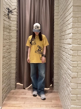 「HYSTERIC GLAMOUR（ヒステリックグラマー）のWAP加工 バギーストレートパンツ（デニムパンツ、ブルー系）」を使った、ヵさん（レディース・155cm）の夏コーディネート