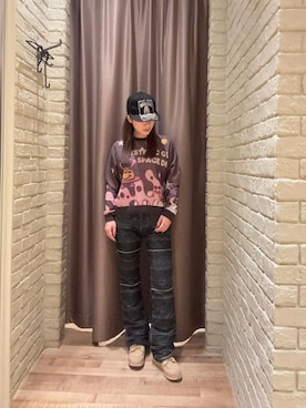 「HYSTERIC GLAMOUR（ヒステリックグラマー）のスクラッチフレアデニムパンツ（Denim pants、ブラック系）」を使った、ヵさん（レディース・155cm）の秋コーディネート