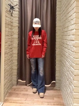 「HYSTERIC GLAMOUR（ヒステリックグラマー）のHEAR NO EVIL Tシャツ（T Shirts、レッド系）」を使った、ヵさん（レディース・155cm）の秋コーディネート