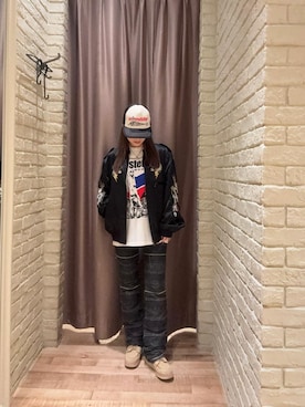 「HYSTERIC GLAMOUR（ヒステリックグラマー）のスクラッチフレアデニムパンツ（Denim pants、ブラック系）」を使った、ヵさん（レディース・155cm）の秋コーディネート