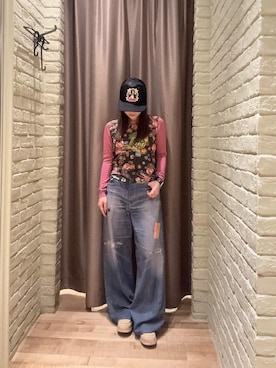 「HYSTERIC GLAMOUR（ヒステリックグラマー）のHYS FES PASS デニム転写パンツ（Pants、ブルー系）」を使った、ヵさん（レディース・155cm）の秋コーディネート
