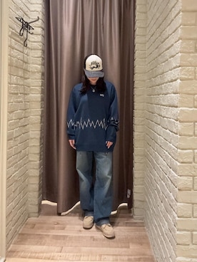 「HYSTERIC GLAMOUR（ヒステリックグラマー）のHG NEW WAVE LOGO刺繍 セーター（Knitwear、ブルー系）」を使った、ヵさん（レディース・155cm）の秋コーディネート