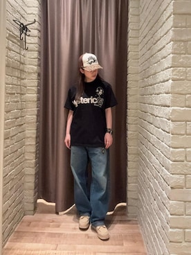 「HYSTERIC GLAMOUR（ヒステリックグラマー）のHEAVY EFFECTS Tシャツ（T Shirts、ブラック系）」を使った、ヵさん（レディース・155cm）の秋コーディネート